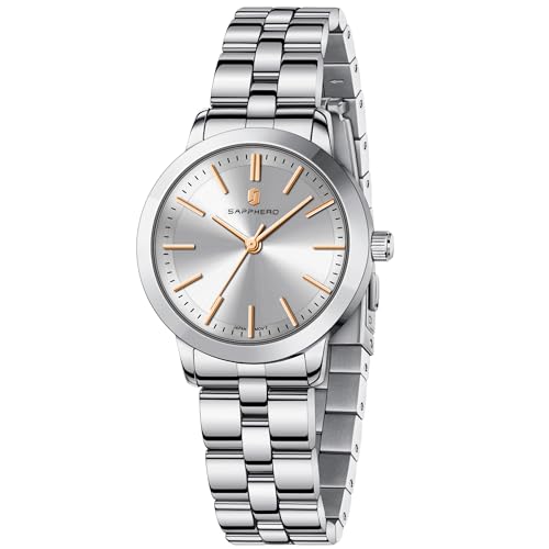 SAPPHERO Damenuhr Analog Quartz Armbanduhr Damen mit Edelstahlarmband 31mm Gehäusegröße 5ATM Wasserdicht Uhr Geschenk für Damen- Erhältlich aus Gold oder Silber von SAPPHERO