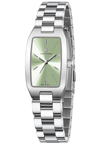 SAPPHERO Damenuhr Analog Quarz Armbanduhr Damen mit Edelstahlband Rechteckiges Gehäuse 3ATM wasserdichte Uhr Geschenk für Damen, Silber Grün von SAPPHERO
