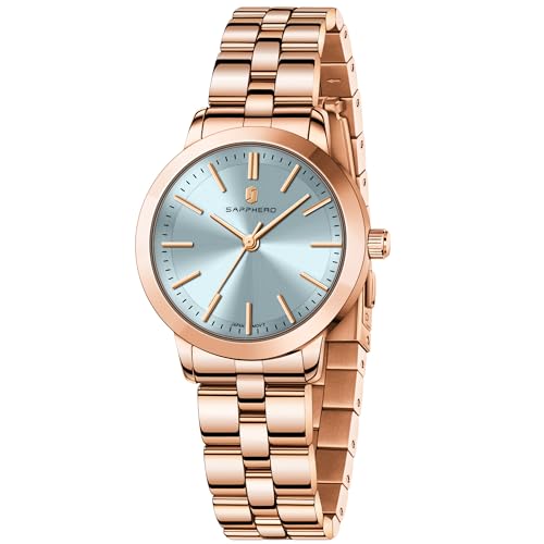 SAPPHERO Damenuhr Analog Quartz Armbanduhr Damen mit Edelstahlarmband 31mm Gehäusegröße 5ATM Wasserdicht Uhr Geschenk für Damen- Erhältlich aus Gold oder Silber von SAPPHERO