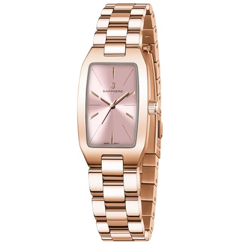 SAPPHERO Damenuhr Analog Quarz Armbanduhr Damen mit Edelstahlband Rechteckiges Gehäuse 3ATM Wasserdicht Uhr Geschenk für Damen Erhältlich Goldene und Silber von SAPPHERO