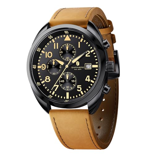 SAPPHERO Herrenuhr: Quarzuhr Analog mit Lederarmband, Klassische Herren-Businessuhr, Anzeige mit arabischen Ziffern, einfache Lesbarkeit– modische Freizeituhr mit Chronographfunktion von SAPPHERO