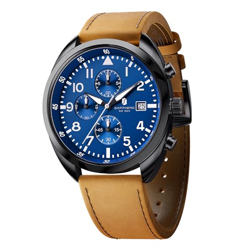 SAPPHERO Herrenuhr: Quarzuhr Analog mit Lederarmband, Klassische Herren-Businessuhr, Anzeige mit arabischen Ziffern, einfache Lesbarkeit– modische Freizeituhr mit Chronographfunktion von SAPPHERO