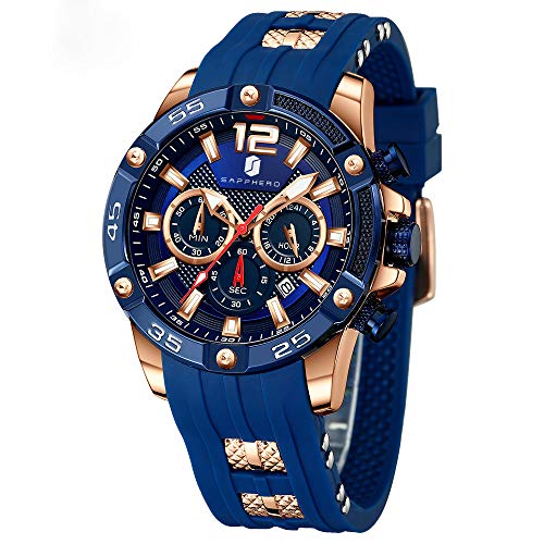 SAPPHERO Uhr Herren Herren Armbanduhr Chronograph Analogue Quartz Männer Uhren 3ATM Wasserdicht Großes Zifferblatt Silikon Bänder Business Military Sport Style Elegant Geschenk für männer von SAPPHERO