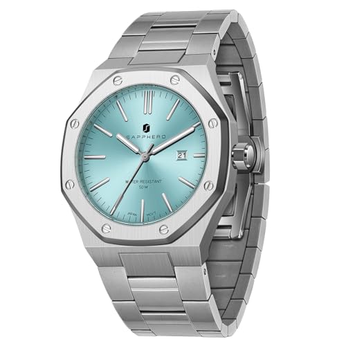SAPPHERO Uhren Herren 50 Meter wasserdicht Edelstahl achteckigen japanischen Quarzwerk Business Casual mit Datum und Leuchtfunktion von SAPPHERO