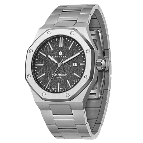 SAPPHERO Uhren Herren 50 Meter wasserdicht Edelstahl achteckigen japanischen Quarzwerk Business Casual mit Datum und Leuchtfunktion von SAPPHERO