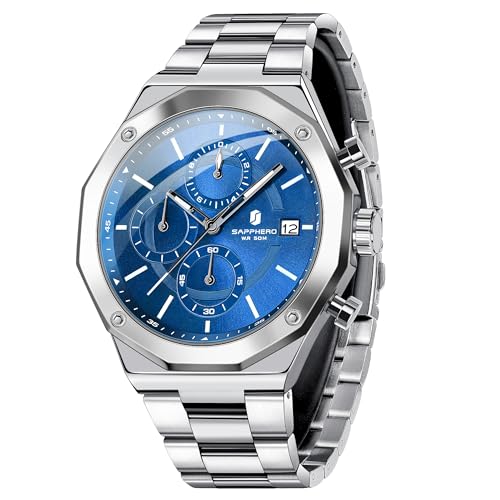 SAPPHERO Uhren Herren Chronograph Quarz Armbanduhr Herren 50M Wasserdichtigkeit Herrenuhr Silber Edelstahl Mit Datum Elegantes Geschenk für Männer SAPPHERO Uhren Herren Chronograph Quarz Armbanduhr Herren 50M Wasserdichtigkeit Herrenuhr Silber Edelstahl Mit Datum Elegantes Geschenk für Männer von SAPPHERO