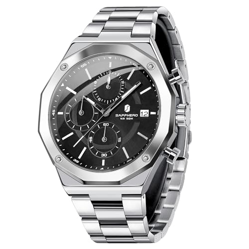 SAPPHERO Uhren Herren Chronograph Quarz Armbanduhr Herren 50M Wasserdichtigkeit Herrenuhr Silber Edelstahl Mit Datum Elegantes Geschenk für Männer SAPPHERO Uhren Herren Chronograph Quarz Armbanduhr Herren 50M Wasserdichtigkeit Herrenuhr Silber Edelstahl Mit Datum Elegantes Geschenk für Männer von SAPPHERO