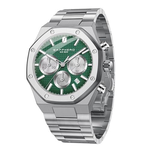 SAPPHERO Uhren Herren Chronograph Achtkant Edelstahl 50M Wasserdicht Armbanduhr Herren Klassisch Luxus Geschäft Achteckig Analog Herrenuhren mit Kalender Elegantes Geschenk 2111-Silbergrün von SAPPHERO
