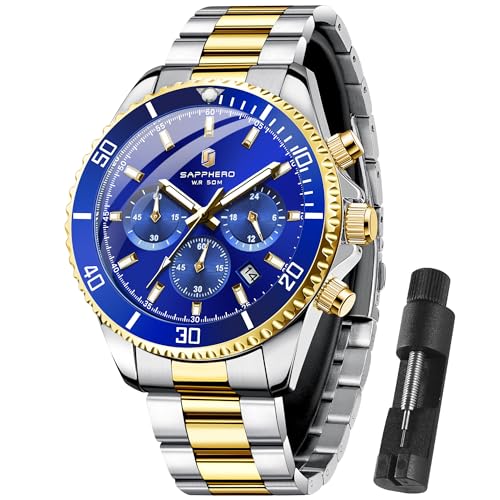 SAPPHERO Uhren Herren Chronograph Analog Quarz 50M Wasserdicht Armbanduhr Herren Mode Lässig Business Herrenuhren mit Kalender Edelstahlarmband Uhr Geschenk für Männer von SAPPHERO