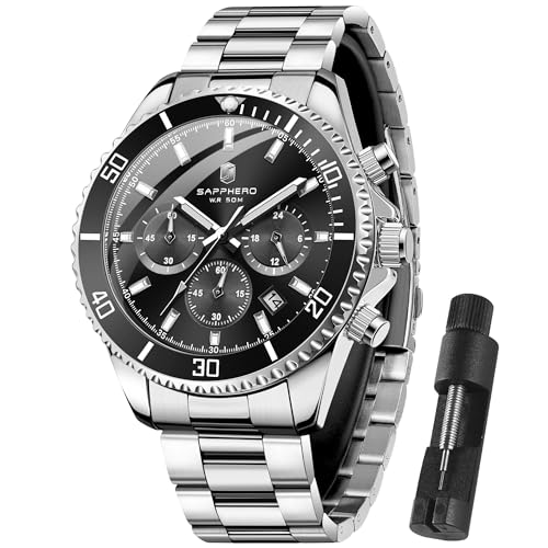 SAPPHERO Uhren Herren Chronograph Analog Quarz 50M Wasserdicht Armbanduhr Herren Mode Lässig Business Herrenuhren mit Kalender Edelstahlarmband Uhr Geschenk für Männer von SAPPHERO