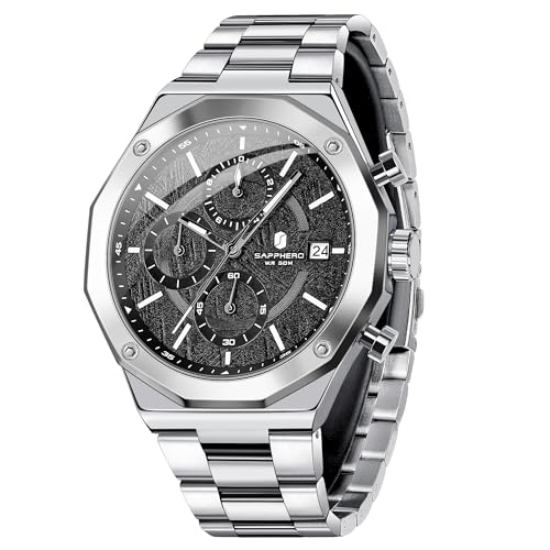SAPPHERO Uhren Herren Chronograph Quarz Armbanduhr Herren 50M Wasserdichtigkeit Herrenuhr Silber Edelstahl Mit Datum Elegantes Geschenk für Männer SAPPHERO Uhren Herren Chronograph Quarz Armbanduhr Herren 50M Wasserdichtigkeit Herrenuhr Silber Edelstahl Mit Datum Elegantes Geschenk für Männer von SAPPHERO