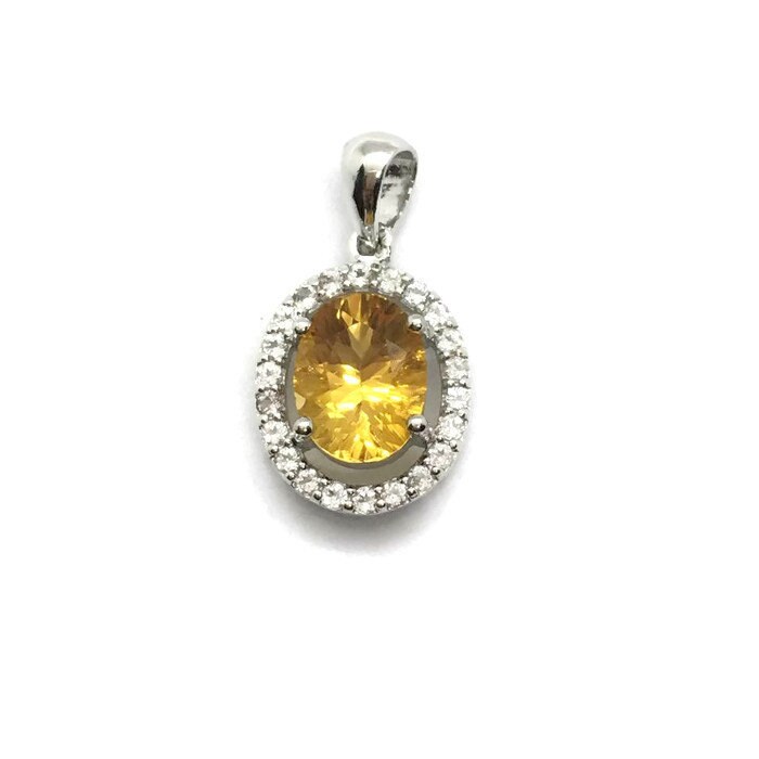 Citrin Anhänger ~ Schöner Gelber Und Weißer Zirkon Umgeben Von Halo Schmuckset in Sterling Silber November Geburtsstein von SARAGEMSANDJEWELRY