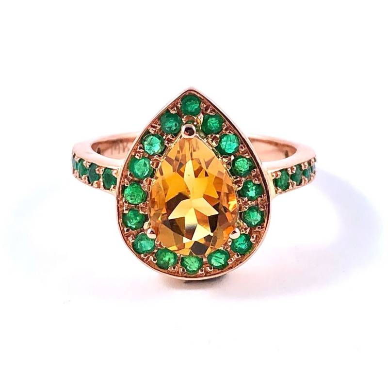 Citrin Birne Und Smaragd Halo Roségold Alternativer Verlobungsring - Wählen Sie Ihre Ringgröße von SARAHHUGHESfinegems
