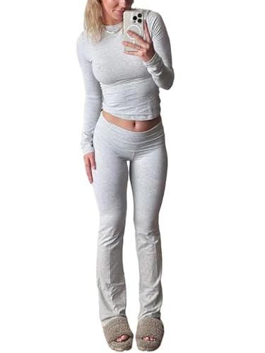 Damen-Lounge-Set, weiche Baumwolle, Retro-Chic, zweiteilig, weich, bequem, schmale Passform, Basic, bauchfreies Top, niedrige Taille, ausgestellte lange Hose, Jogger, Yoga-Trainingsanzug, grau, M von SARAKH