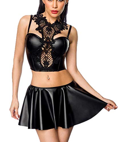 Frauen Wetlook Dessous Set aus Corsagen Top BH und ausgestelltem Mini-Rock in schwarz mit Spitze elastisch M/L von SARESIA