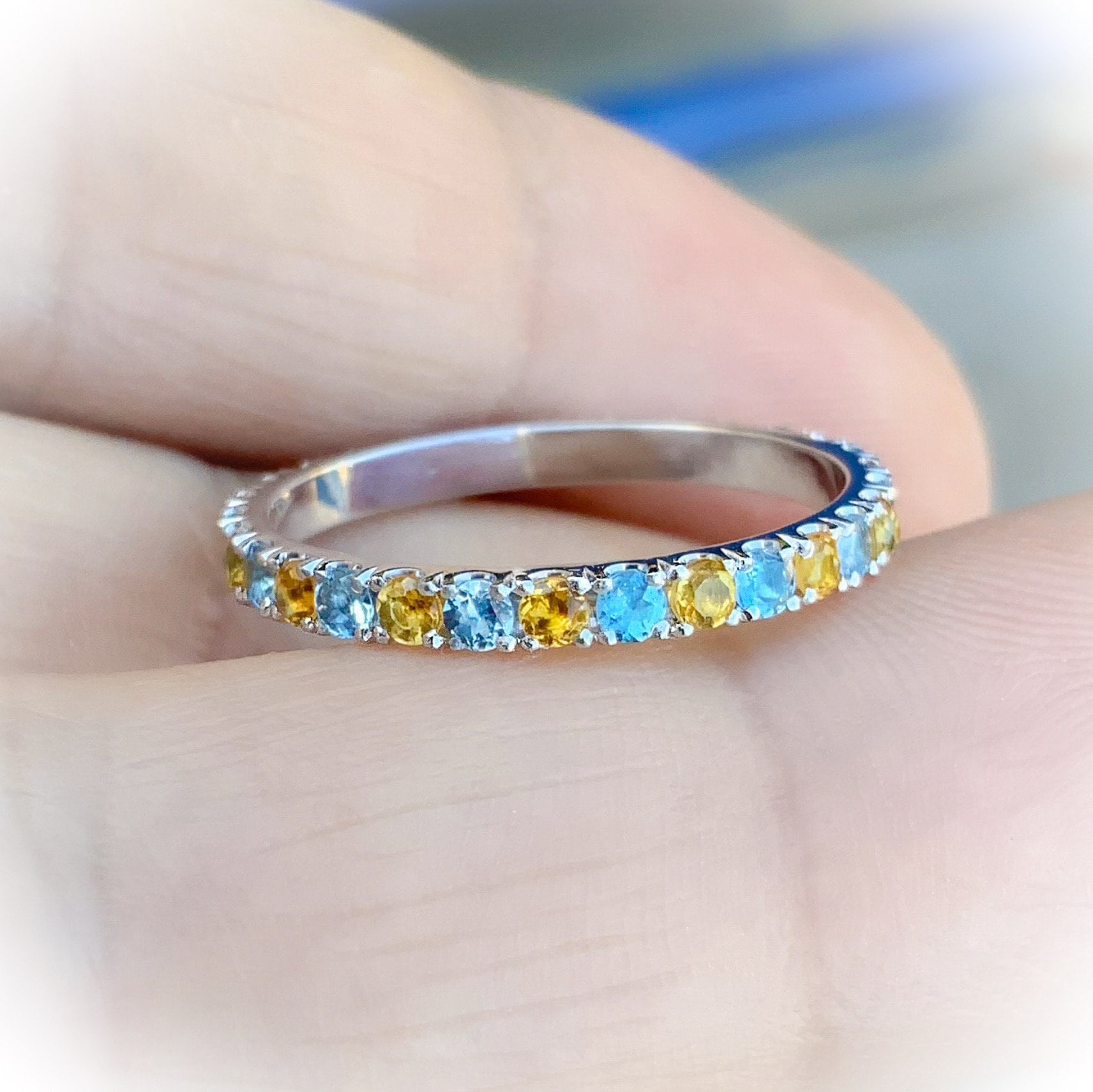 Aquamarin Citrin Infinity Stapelring/2, 3 Mm Alternating Pave Volle Ewigkeit Ehering 2 Geburtsstein Mutter Ring von SARRIEL