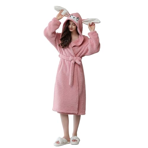 SASIGAYA Bathrobe Damen Plüsch Bademantel mit Kapuze Weich Warm Frauen Fleece Flauschig Hausmantel Cartoon Rosa Hasen-Bademantel Erwachsene Tierpyjamas Kapuzen-Bademantel Karikatur Nachthemd von SASIGAYA