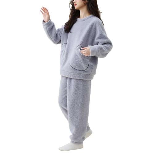 SASIGAYA Schlafanzug Damen Flanell Fleece Pyjama Lang Hausanzug Loungewear Damen Grau Freizeitanzug Kuschelige und Warmes Frauen Nachtwasche für Herbst Winter Sleepwear aus Korallenvlies Fleece Pyjama von SASIGAYA