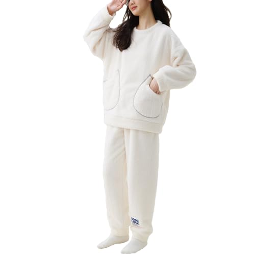 SASIGAYA Schlafanzug Damen Flanell Fleece Pyjama Lang Hausanzug Loungewear Damen Weiß Freizeitanzug Kuschelige und Warmes Frauen Nachtwasche für Herbst Winter Sleepwear aus Korallenvlies Fleece Pyjama von SASIGAYA