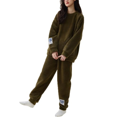 SASIGAYA Schlafanzug Damen Winter Flanell Fleece Pyjama Lang Fleece Hausanzug Kuschelig Warm Pyjama Set Flauschig Freizeitanzug PjS Nachtwäsche Kuschelige und Warmes Schlafanzug für Herbst Winter Grün von SASIGAYA