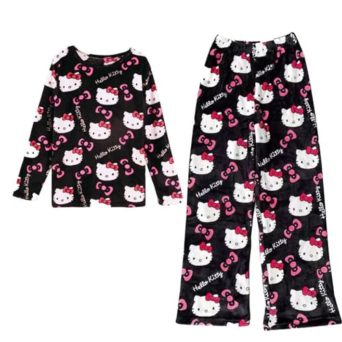 Pyjama Hose Set，Kitty Pyjamas Hosen FüR Damen Lang Flanell Schlafanzug Hosen Set Anime Cartoon Kawaii Weich Bequeme Warm Flauschig Casual Home Schlafhose Set für Frauen Teenager Mädchen (M, Black) von SASMoiyug