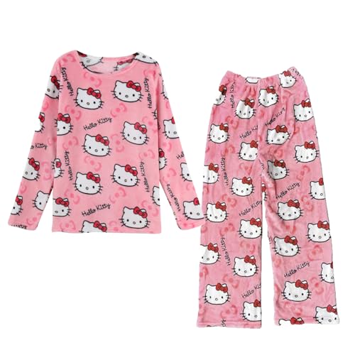 Pyjama Hose Set，Kitty Pyjamas Hosen FüR Damen Lang Flanell Schlafanzug Hosen Set Anime Cartoon Kawaii Weich Bequeme Warm Flauschig Casual Home Schlafhose Set für Frauen Teenager Mädchen(M, Rose) von SASMOIYUG