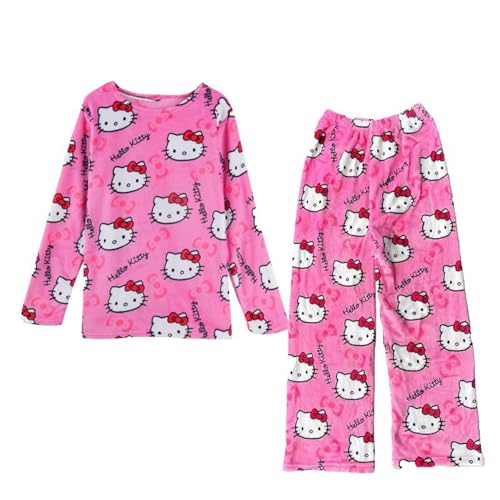 Kitty Pyjama Set für Damen,Schlafanzug Damen Lang Flanell Herbst Winter Nachtwäsche Set,Anime Cartoon Kawaii Bequeme Schlafanzughose für Frauen,Casual für Herbst-Winter für Frauen Teenager Mädchen(S) von SASMoiyug