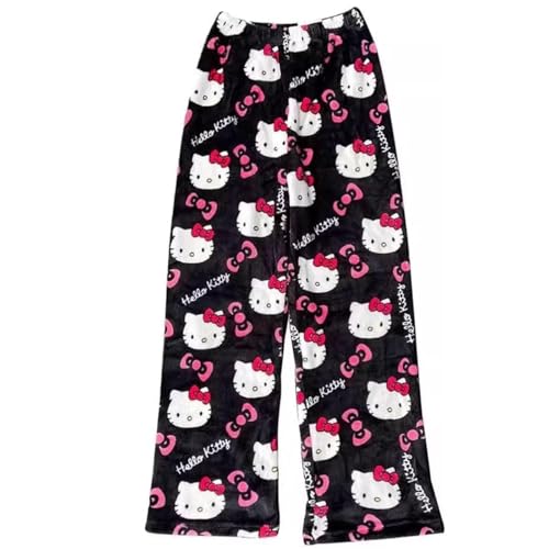 Pyjama Hose Kitty Schlafanzug Damen Pyjamas Hosen Lang Flanell Pyjama Hose Damen Schlafhose Weich Kawaii Pyjamas Anime Bequeme Schlafanzughose Frauen Anime Cartoon Casual Herbst-Winter (Black, L) von SASMoiyug