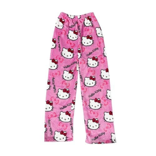 Pyjama Hose Kitty Schlafanzug Damen Pyjamas Hosen Lang Flanell Pyjama Hose Damen Schlafhose Weich Kawaii Pyjamas Anime Bequeme Schlafanzughose Frauen Anime Cartoon Casual Herbst-Winter (pink, XL) von SASMoiyug