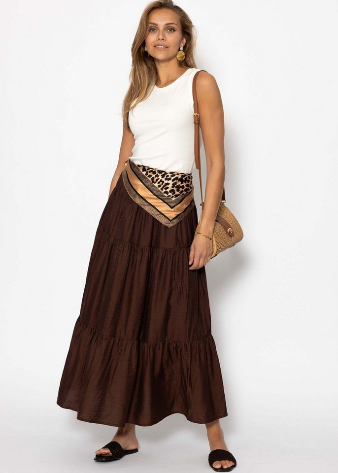 SASSYCLASSY A-Linien-Rock Glänzender Maxi Volantrock für Damen Eleganter Rock mit mehreren Stufen und elastischem Bund Braun Schwarz von SASSYCLASSY