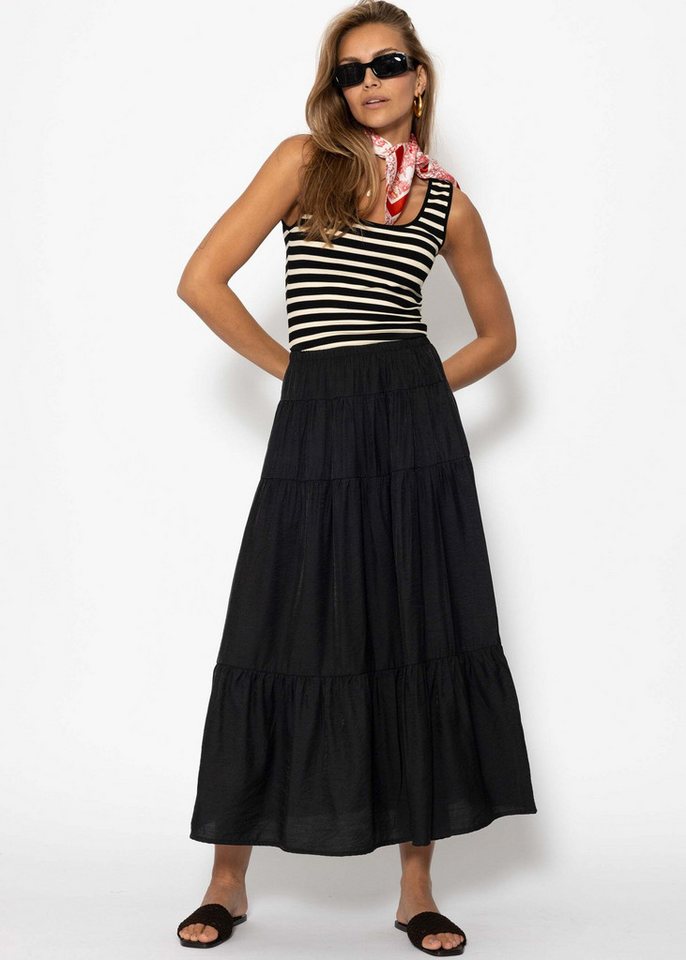 SASSYCLASSY A-Linien-Rock Glänzender Maxi Volantrock für Damen Eleganter Rock mit mehreren Stufen und elastischem Bund Braun Schwarz von SASSYCLASSY