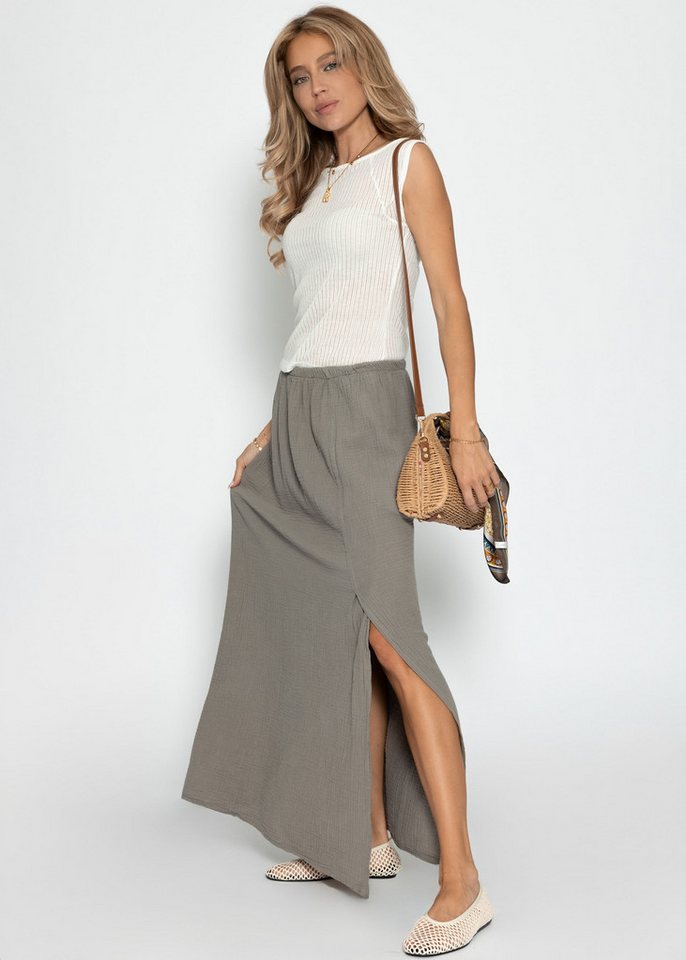 SASSYCLASSY A-Linien-Rock Maxi Musselin Rock mit Schlitz für Damen Maxirock aus Baumwolle mit elastischem Bund Schwarz Leo Taupe Pink von SASSYCLASSY