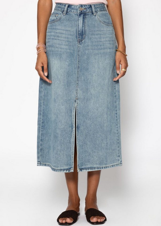 SASSYCLASSY A-Linien-Rock Midi Jeans Rock mit Schlitz für Damen Sommerlicher Jeansrock mit hoher Taille aus Baumwolle Blau von SASSYCLASSY