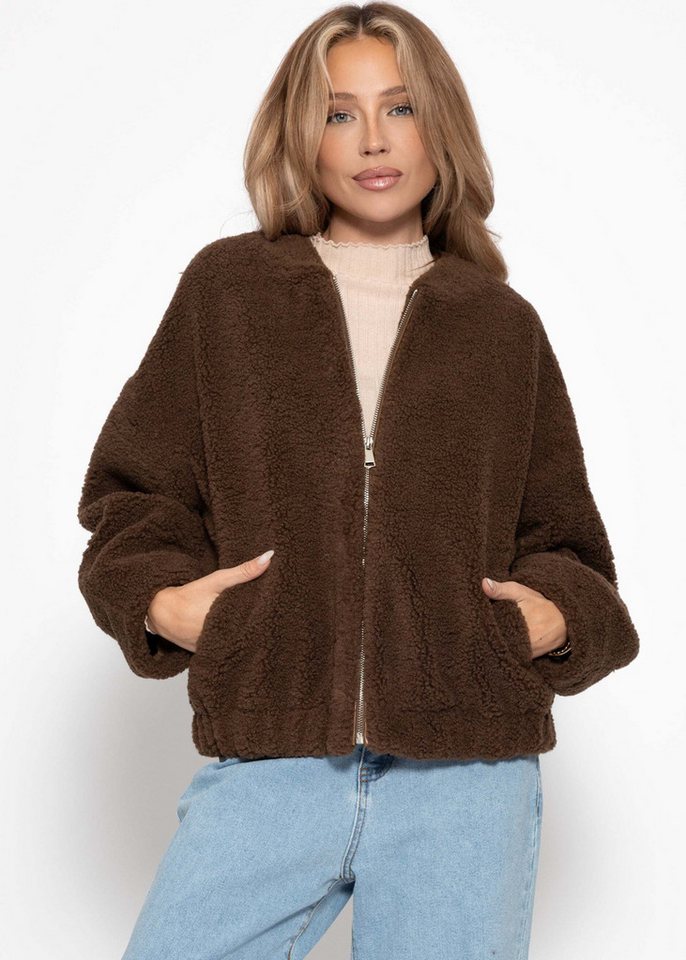 SASSYCLASSY Blusenjacke Bomberjacke aus Teddyfell für Damen Kuschelige Jacke im oversized Fit mit breiten Bündchen Beige Braun von SASSYCLASSY