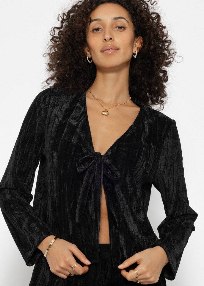 SASSYCLASSY Cardigan Moderne Damen Samtjacke mit Bindebändern Femininer Samt-Look Schleifenjacke Smaragdrgün Schwarz von SASSYCLASSY