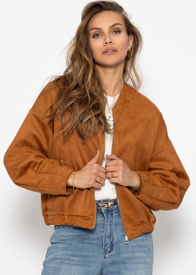 SASSYCLASSY Blusenjacke Oversize Bomberjacke Damen Elegant in fein Textil Bomber Style Jacke mit elastichem Saum Grau Schwarz - Wildlederoptik von SASSYCLASSY