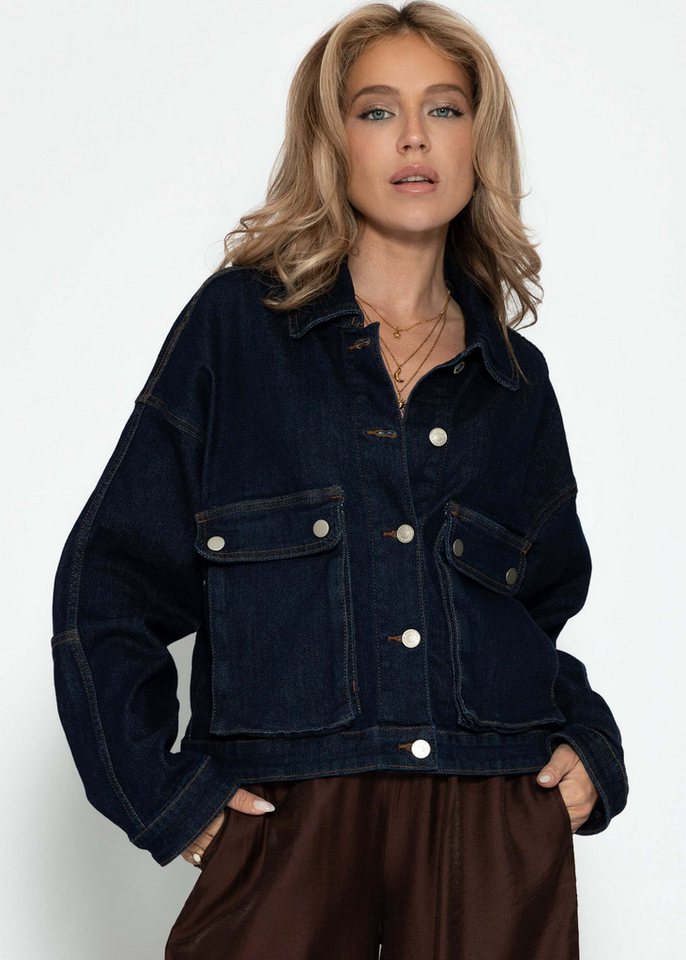 SASSYCLASSY Blusenjacke Oversize Jeans Jacke mit Taschen für Damen Jeans Jacke mit großen Seitentaschen lässiger Schnitt dunkelblau von SASSYCLASSY