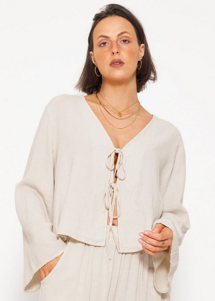 SASSYCLASSY Blusenjacke Oversized Leinen Blusenjacke Damen Blusen mit Schleifen Bindebändern und weiten Ärmeln Beige Salbeigrün von SASSYCLASSY