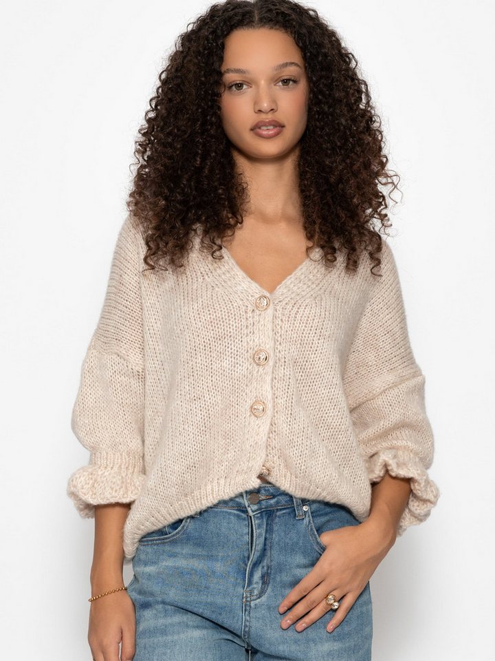 SASSYCLASSY Cardigan Cardigan mit 3/4-Ärmeln für Damen Cozy Cardigan mit Ballonärmeln und Knopfleiste Taupe Schwarz Gelb von SASSYCLASSY