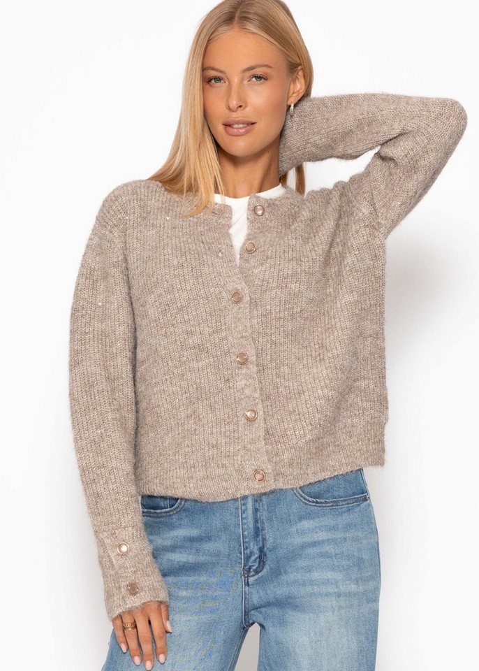 SASSYCLASSY Cardigan Cardigan mit Pailletten für Damen Weiche Gerippte Strickjacke mit Lurex und Manschettenknöpfen Beige von SASSYCLASSY