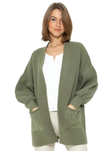 SASSYCLASSY Cardigan Damen kurz in Khaki Grün - Strickjacke Damen Grobstrick mit offenem Halsausschnitt Langarm in Größe M von SASSYCLASSY