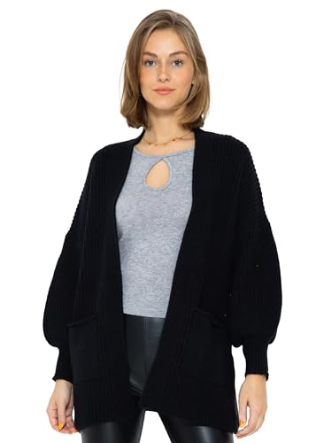 SASSYCLASSY Cardigan Damen kurz in Schwarz - Strickjacke Damen Grobstrick mit offenem Halsausschnitt Langarm in Größe M von SASSYCLASSY