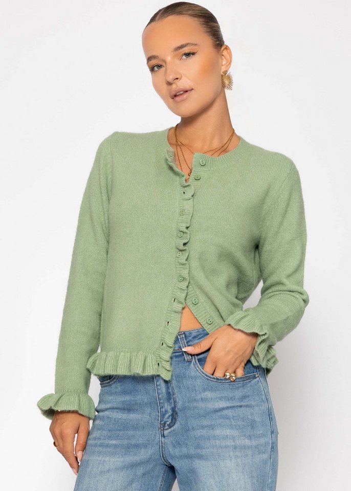 SASSYCLASSY Cardigan Elegante Strickjacke Damen mit Rüschendetails Femininer Cardigan mit Wollanteil Beige Hellgrün Schwarz von SASSYCLASSY