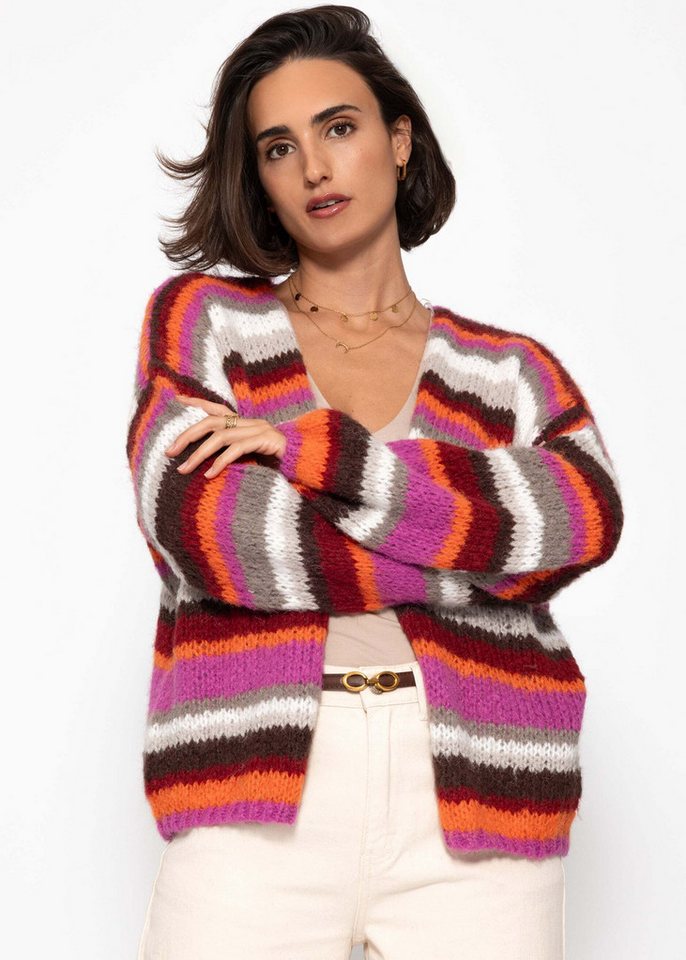 SASSYCLASSY Cardigan Gestreifte Strickjacke für Damen Mehrfarbig Multicolor Cardigan mit Streifen Bunt Blau Rosa Grau Braun Orange von SASSYCLASSY