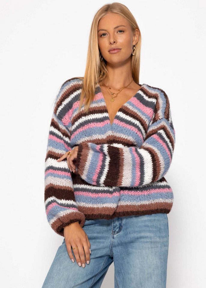 SASSYCLASSY Cardigan Gestreifte Strickjacke für Damen Mehrfarbig Multicolor Cardigan mit Streifen Bunt Blau Rosa Grau Braun Orange von SASSYCLASSY