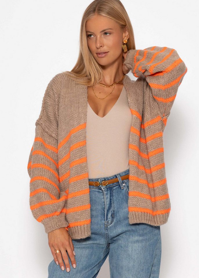 SASSYCLASSY Cardigan Gestreifter Cardigan mit Außennähten für Damen Weicher Cardigan aus Strick mit offenem Schnitt Beige Grau Schwarz von SASSYCLASSY