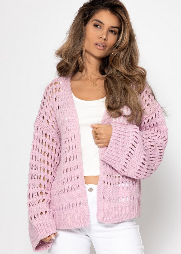 SASSYCLASSY Cardigan Oversize Strickcardigan Damen mit Lochstrickmuster Lässiger offen fallenden Cardigan in Strickmaterial mit Trompetenärmel von SASSYCLASSY