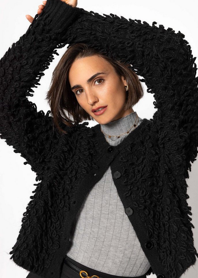 SASSYCLASSY Cardigan Strickjacke mit Loop-Struktur für Damen Kuschelige Jacke mit Knopfleiste und Rippbündchen Hellbeige Schwarz von SASSYCLASSY