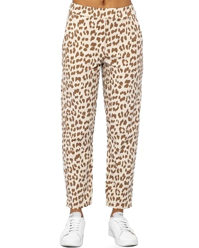 SASSYCLASSY Chino Hose Damen Beige Sand Schwarz mit Leoprint - Stretch Leo Hose Damen mit Leopardenmuster zeitlos & elegant in Größe L - Stoffhose Damen mit Taschen und elastischem Bund Herbst Winter von SASSYCLASSY