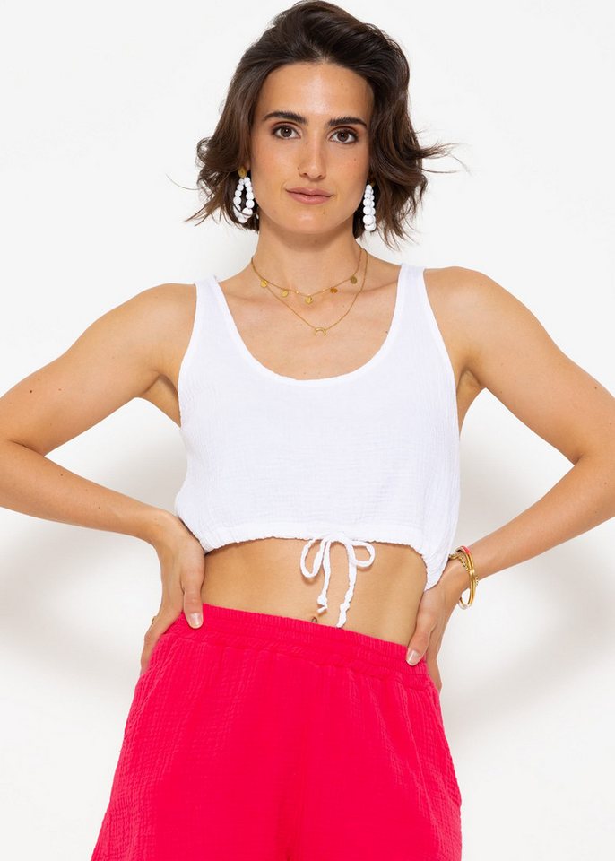 SASSYCLASSY Crop-Top Musselin Trägertop für Damen Sommerliches Musselintop aus Baumwolle mit Zugband Schwarz Beige Weiß von SASSYCLASSY